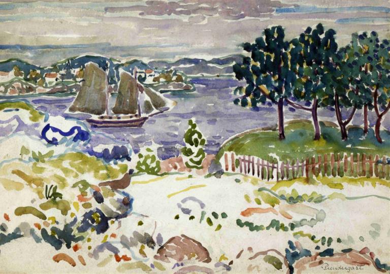 Inlet with Sailboat, Maine,有帆船的入海口，缅因州,Maurice Prendergast,莫里斯-普伦德加斯特,油画,油画, 户外, 没有人类, 树, 绘画（中）, 传统媒体, 船