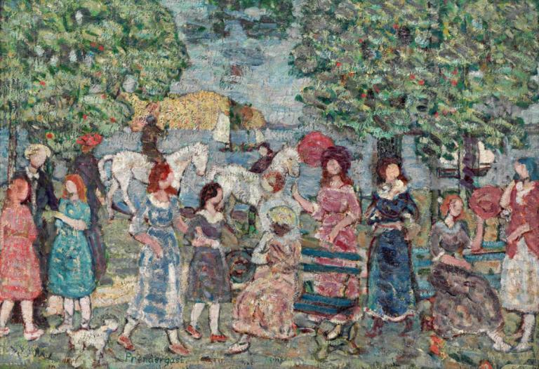 Landscape With Figures,Maurice Prendergast,Oil Painting,Oil Painting, multiple girls, 6+girls, dress