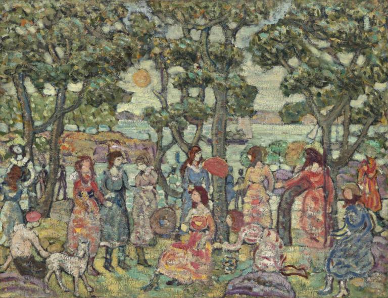 Landscape with Figures,Maurice Prendergast,Oil Painting,Oil Painting, multiple girls, tree, 6+girls, outdoors