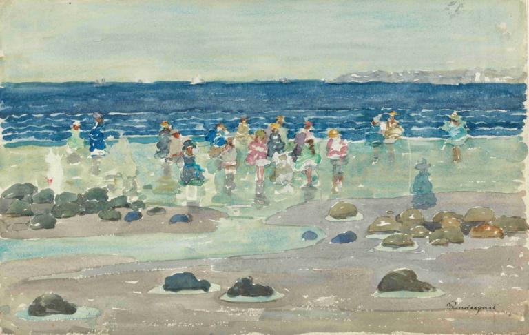 Low Tide,退潮,Maurice Prendergast,莫里斯-普伦德加斯特,油画,油画, 多个女孩, 多个男孩, 户外, 水, 黑发, 金头发, 绘画（中）, 海洋, 棕色的头发, 岩石, 长发, 6+男孩