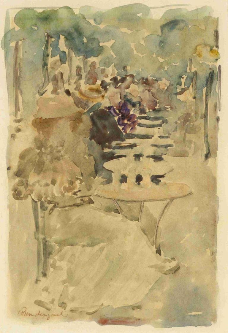 Outdoor Cafe,Maurice Prendergast,Olieverf,Olieverf, hoed, solo, tafel, geen mensen, artiestennaam, jurk