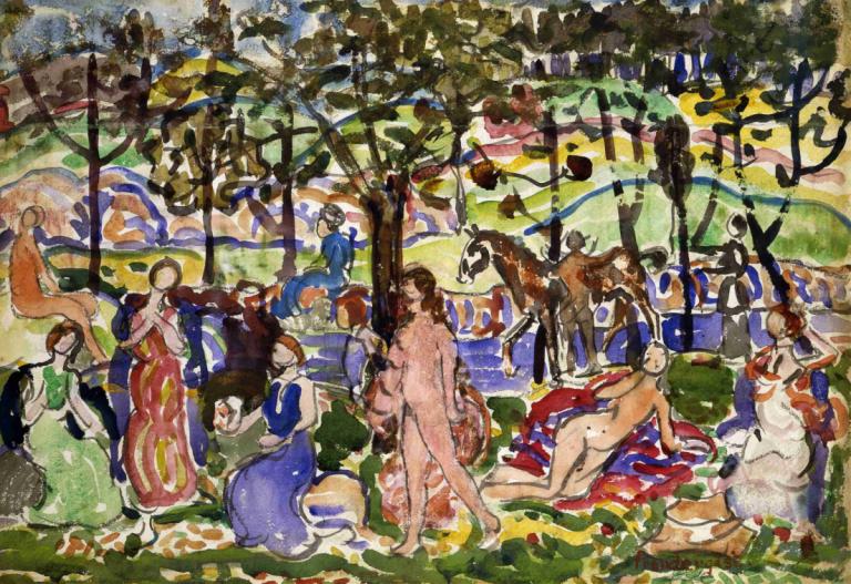 Park Scene,Maurice Prendergast,Oil Painting,Oil Painting, multiple girls, 6+girls, nude, fine art parody