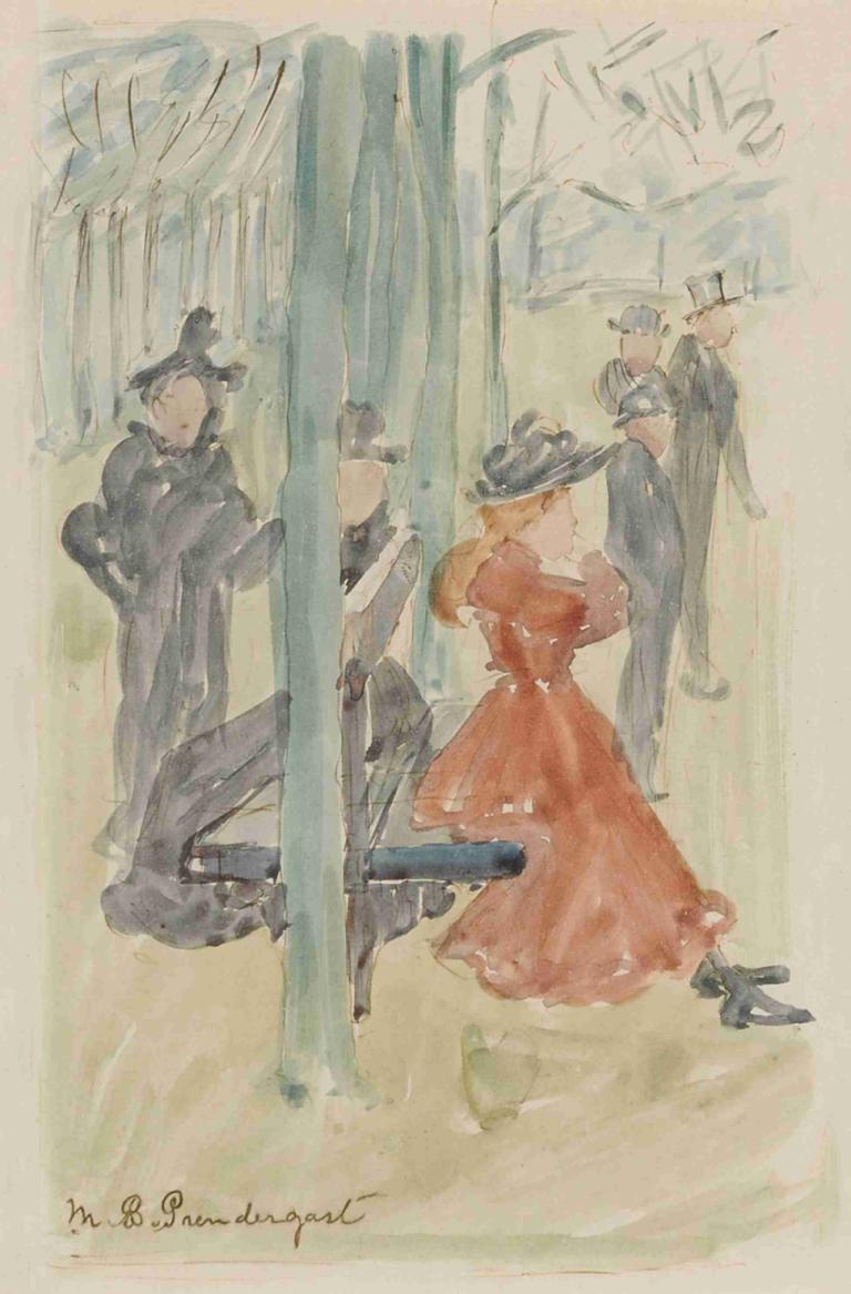 Park Scene,Parkscene,Maurice Prendergast,Oliemaleri,Oliemaleri, kjole, rød kjole, hat, stol, langt hår