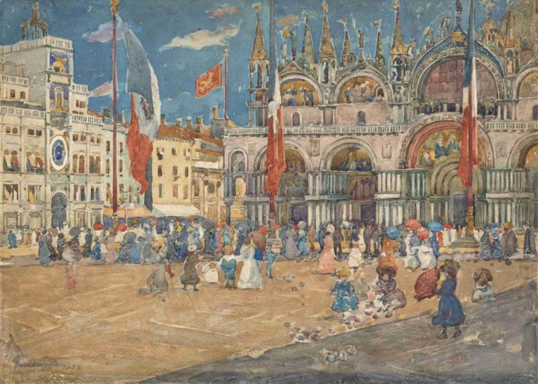 Piazza San Marco,San Marcoplein,Maurice Prendergast,Olieverf,Olieverf, 6+jongens, meerdere jongens, vlag