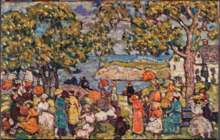 Picnic,Picknick,Maurice Prendergast,Olieverf,Olieverf, boom, buitenshuis, meerdere meisjes, gras