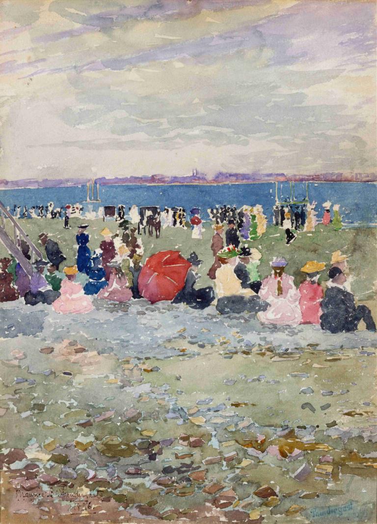 Revere Beach,Maurice Prendergast,Oljemålning,Oljemålning, utomhus, hav, flera tjejer, moln