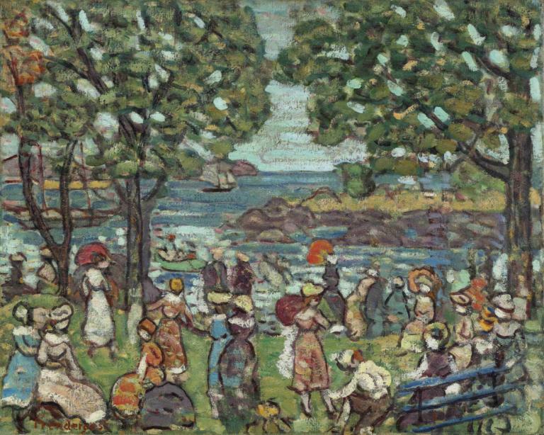 Salem Cove,Maurice Prendergast,Oil Painting,Oil Painting, tree, multiple boys, hat, outdoors, multiple girls