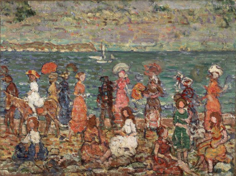 Seashore,Maurice Prendergast,Oil Painting,Oil Painting, multiple girls, 6+girls, multiple boys, 6+boys