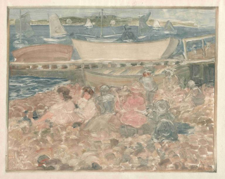 Shipyard, Children Playing,Maurice Prendergast,Oil Painting,Oil Painting, watercraft, boat, ship, border