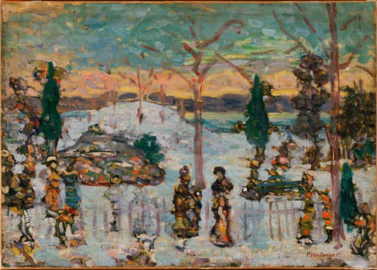 Snow in April,Maurice Prendergast,Oil Painting,Oil Painting, tree, japanese clothes, outdoors, black hair