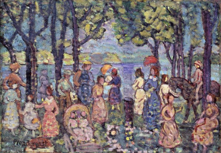 Summer, New England,Maurice Prendergast,Oil Painting,Oil Painting, multiple girls, tree, outdoors, 6+girls