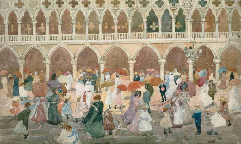 Sunlight on the Piazzetta,Sinar matahari di Piazzetta,Maurice Prendergast,Lukisan cat minyak