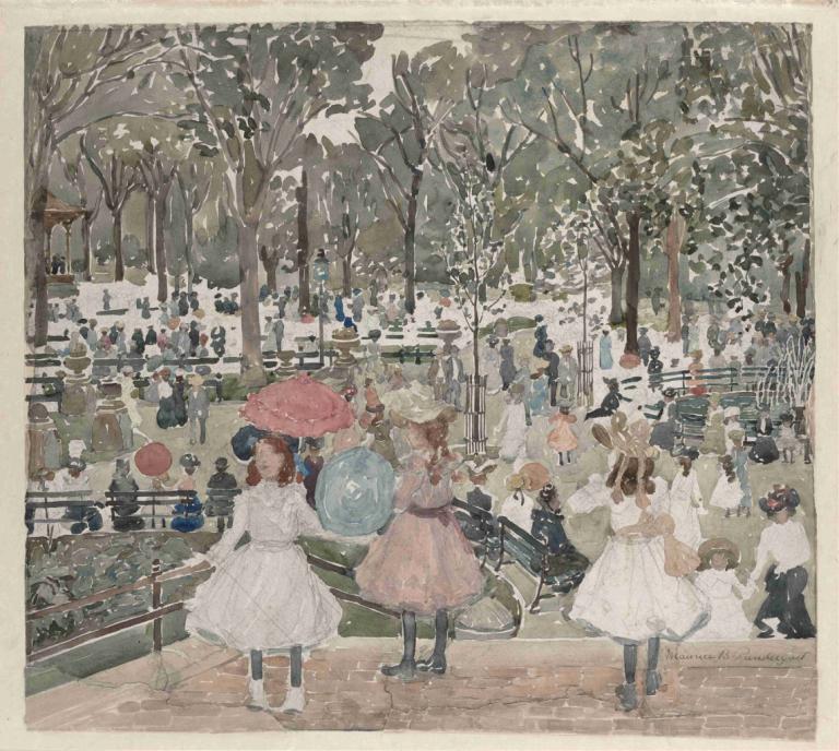 The Mall, Central Park,Maurice Prendergast,Oliemaleri,Oliemaleri, kjole, træ, hvid kjole, brunt hår, paraply