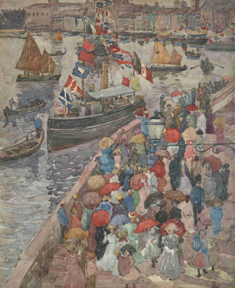 The Quai, Venice,Quai, Venedig,Maurice Prendergast,Oliemaleri,Oliemaleri, vandscootere, båd, skib, flag