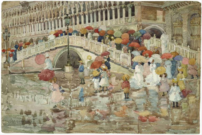 Umbrellas in the Rain,Paraplyer i regnen,Maurice Prendergast,Oliemaleri,Oliemaleri, kjole, flere piger