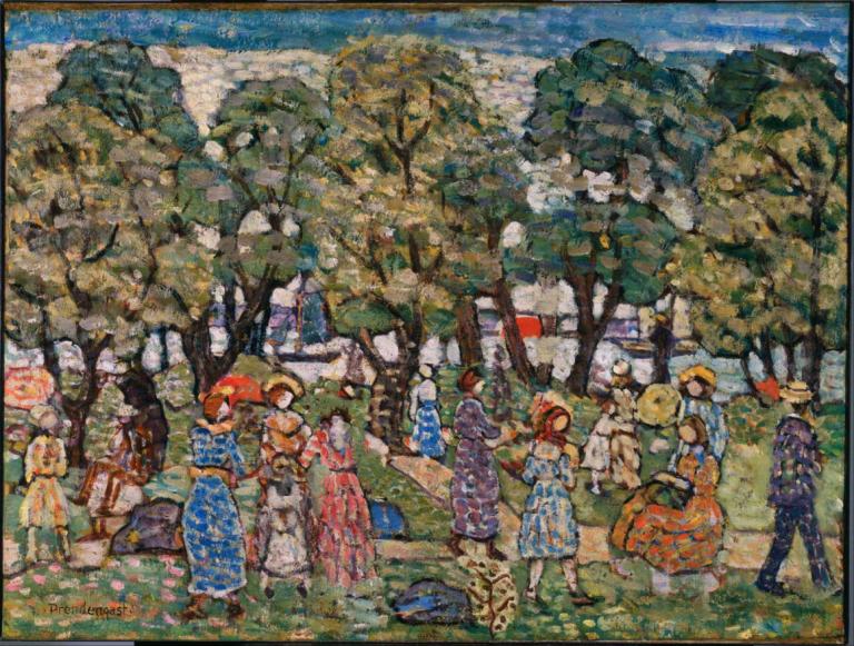 Under the Trees,Under Træerne,Maurice Prendergast,Oliemaleri,Oliemaleri, flere piger, flere drenge, træ, hat