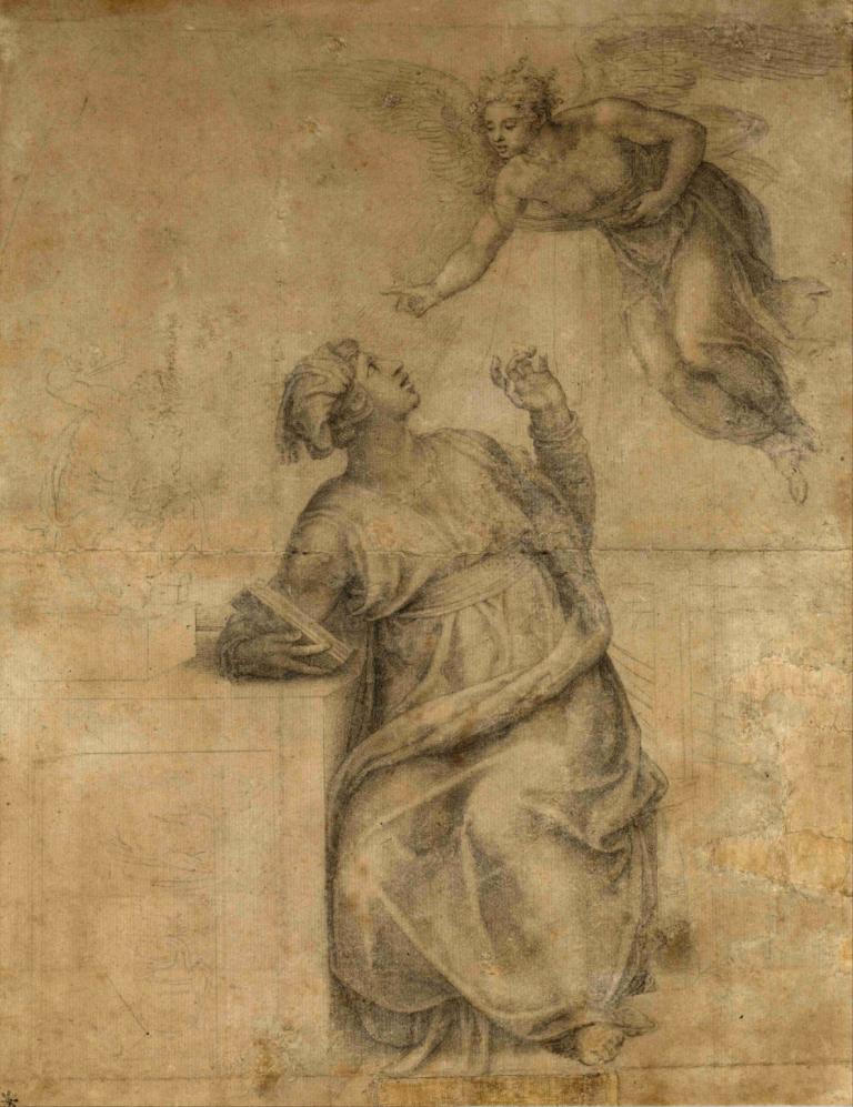 Annunciation to the Virgin,"แก้แค้นให้แม่พระ",Michelangelo,ไมเคิลแอนเจโล,ร่าง,ร่าง, เท้าเปล่า, ขาวดำ