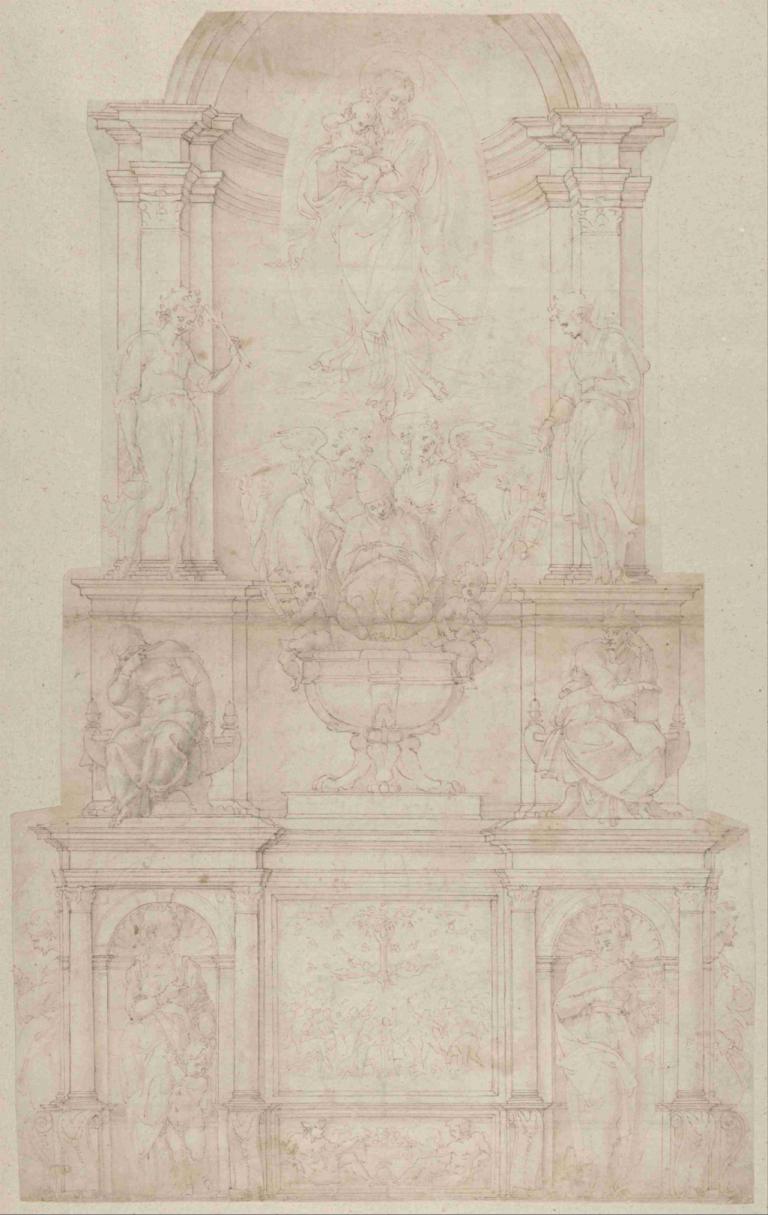 Design for the Tomb of Pope Julius II della Rovere,Michelangelo,Sketch,Sketch, multiple boys, pillar