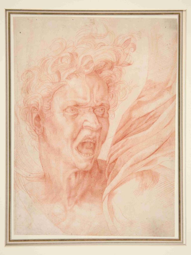 Head of a Lost Soul,Michelangelo,Sketch,Sketch, 1boy, male focus, open mouth, solo, monochrome