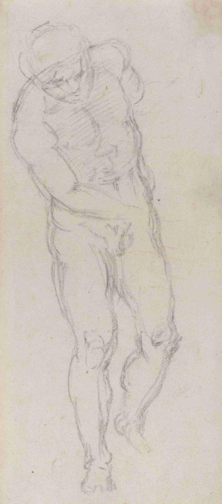 Male Nude (recto),Michelangelo,Sketch,Sketch, male focus, solo, 1boy, sketch, monochrome, hat, muscular