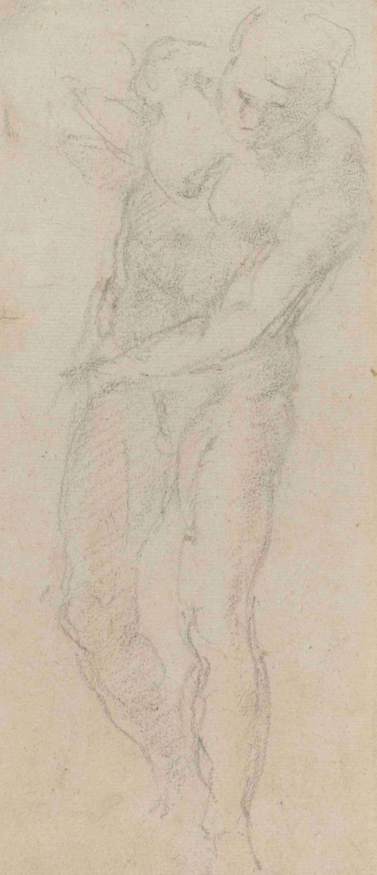 Male Nude (verso),Michelangelo,Sketch,Sketch, monochrome, 1boy, bald, sketch, hug, male focus