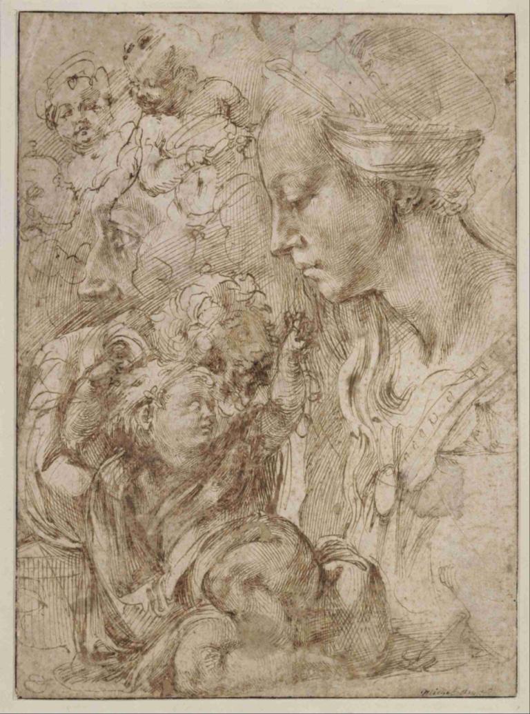 Studies for a Holy Family,Michelangelo,Copperplate Etching,Copperplate Etching, multiple boys, monochrome