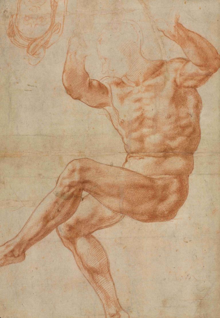 Study for the Nude Youth over the Prophet Daniel (recto),Michelangelo,Sketch,Sketch, 1boy, male focus, solo