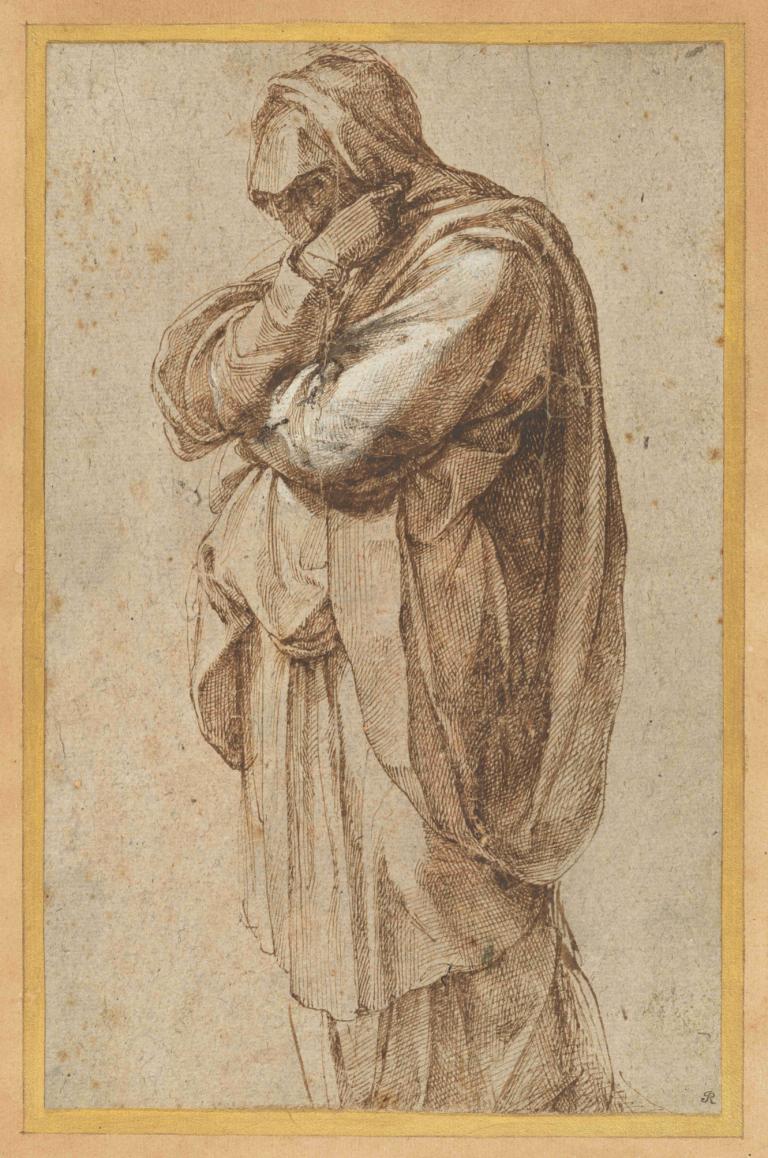 Study of a Mourning Woman,Michelangelo,Sketch,Sketch, solo, 1boy, monochrome, covered face, male focus, robe