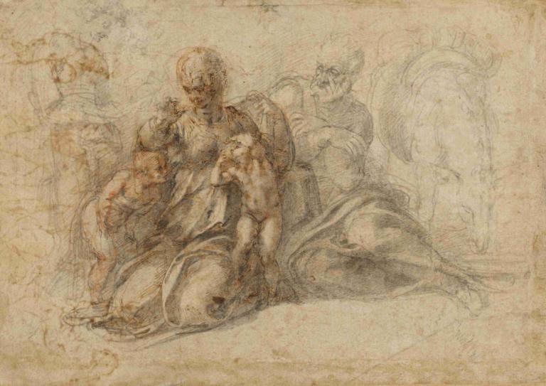 The Holy Family with the Infant Saint John the Baptist,Michelangelo,Sketch,Sketch, bald, multiple boys