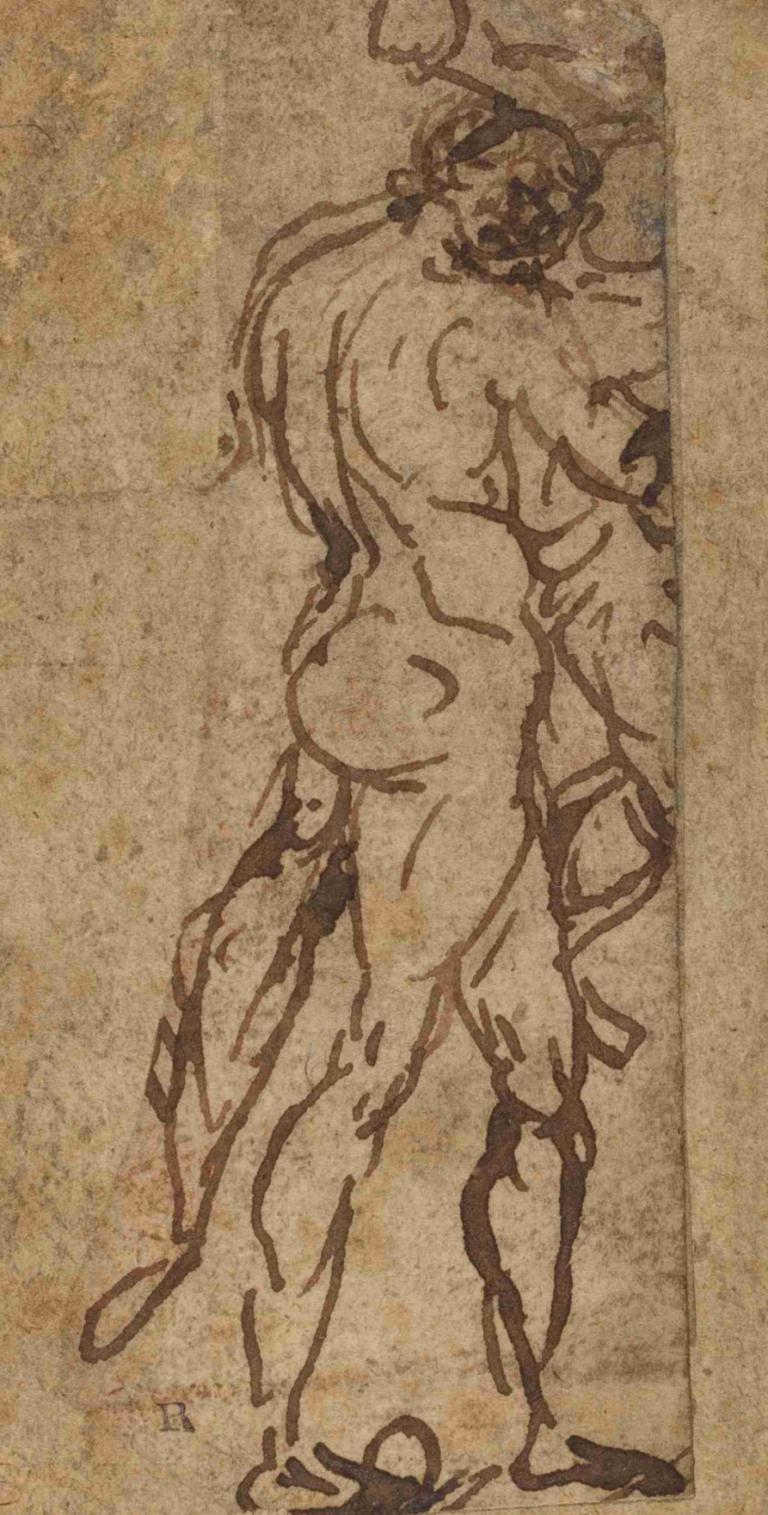 Two Nudes Fighting,Michelangelo,Sketch,Sketch, ass, solo, 1girl, monochrome, nude, sketch, 1boy, standing