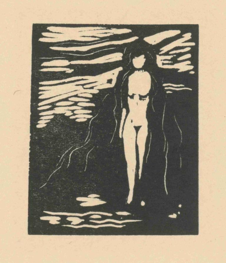 Akt,Mikuláš Galanda,Copperplate Etching,Copperplate Etching, 1girl, solo, nude, monochrome, long hair, water