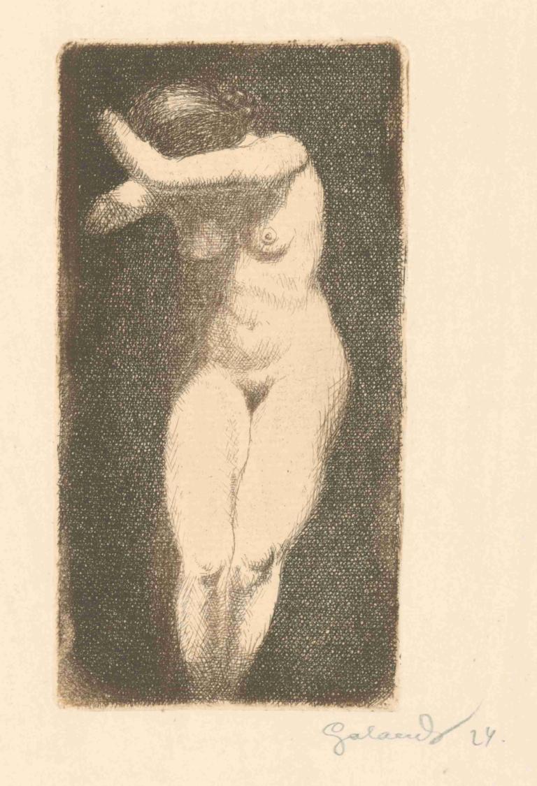 Akt,Mikuláš Galanda,Copperplate Etching,Copperplate Etching, 1girl, solo, breasts, nipples, nude, monochrome