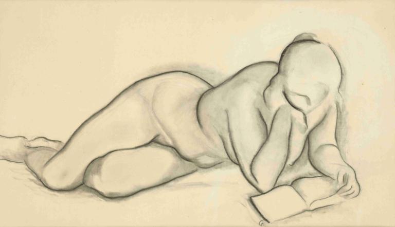 Akt s knihou,Mikuláš Galanda,Sketch,Sketch, solo, sketch, nude, lying, book, on side, monochrome, bald, 1girl