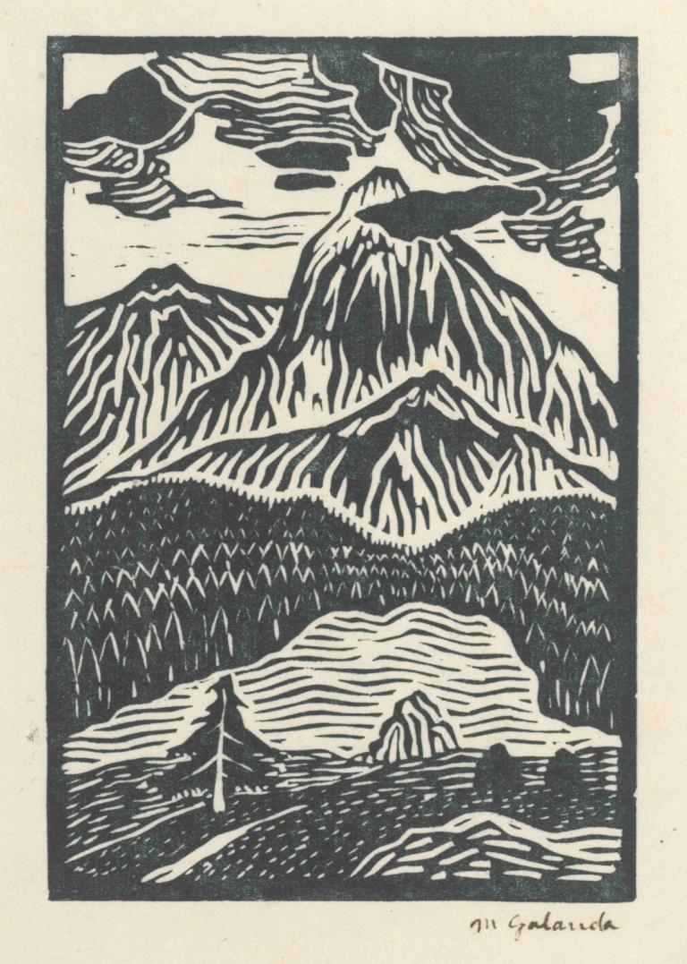 Autumn II,Mikuláš Galanda,Copperplate Etching,Copperplate Etching, mountain, monochrome, outdoors, no humans