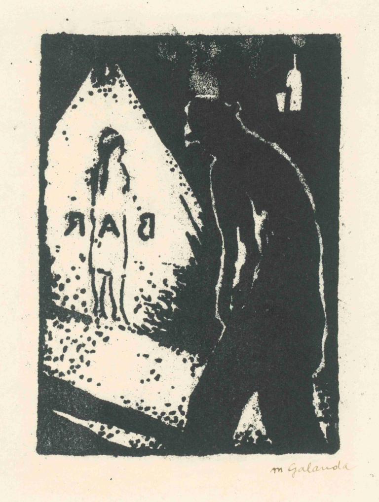 Bar,Mikuláš Galanda,Copperplate Etching,Copperplate Etching, silhouette, monochrome, 1girl, standing, shadow