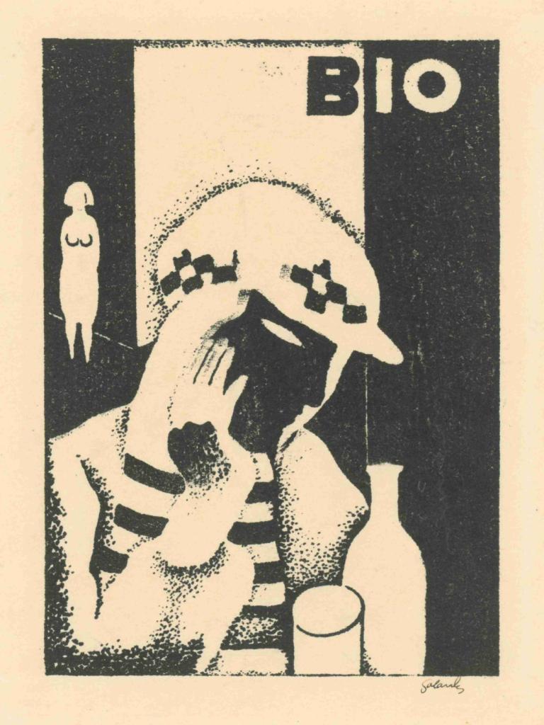 Bio,Mikuláš Galanda,Copperplate Etching,Copperplate Etching, hat, monochrome, cup, 1boy, male focus