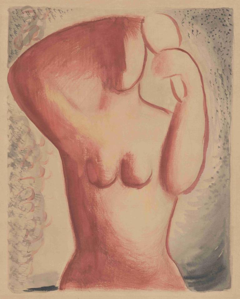 Combing (Woman with a Mirror),Mikuláš Galanda,Illustration,Illustration, solo, nude, traditional media