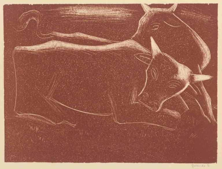 Cows,Mikuláš Galanda,Illustration,Illustration, monochrome, no humans, border, solo, closed eyes, brown theme