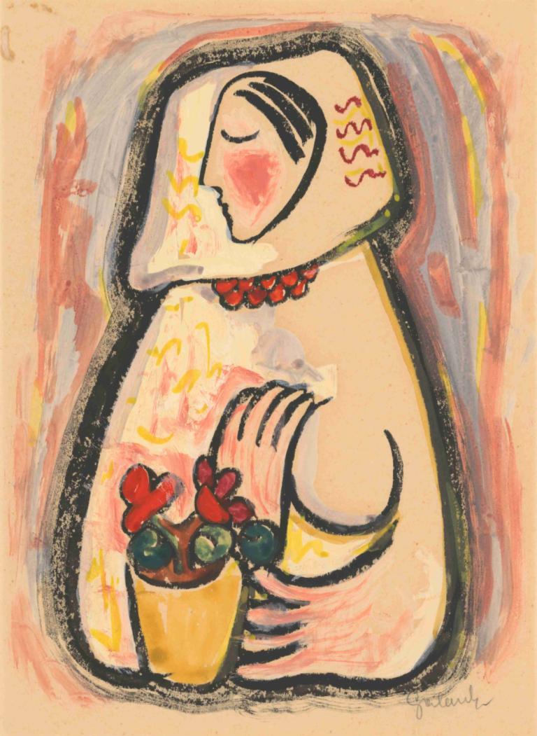 Girl with a basket of flowers,Flicka med blomsterkorg,Mikuláš Galanda,Mikulas Galanda,Illustration