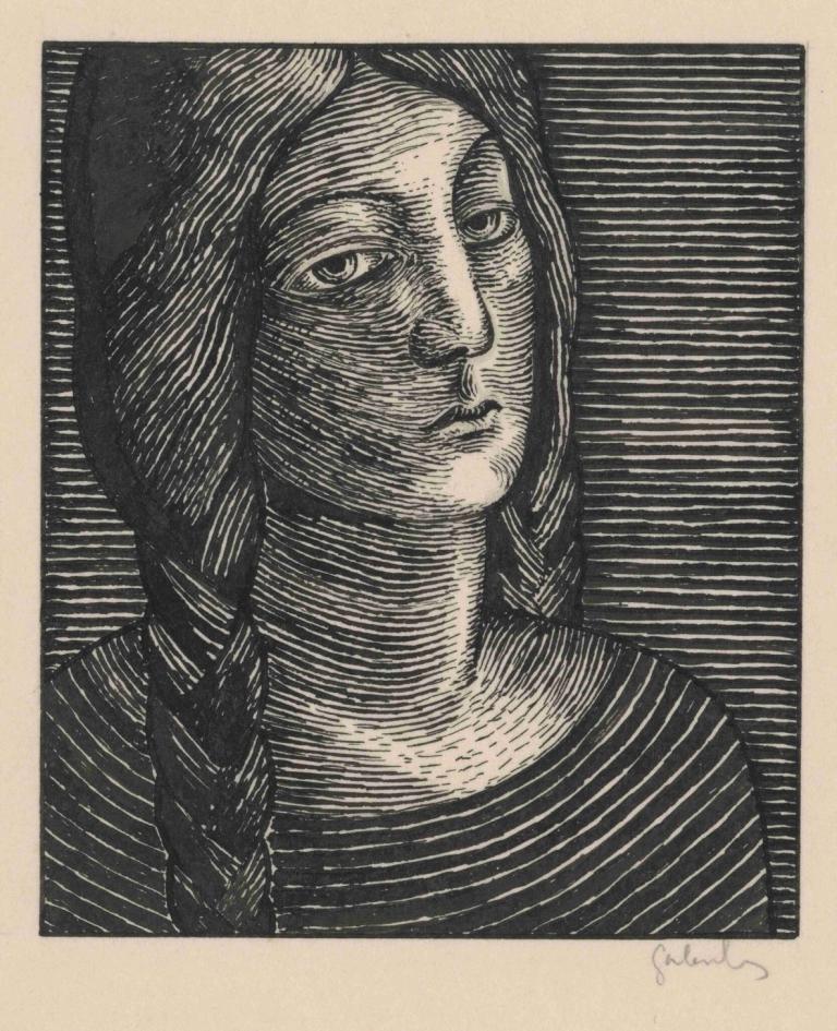 Head Of A Woman With Long Braids,Hodet til en kvinne med lange fletter,Mikuláš Galanda,Kobberplate Etsning