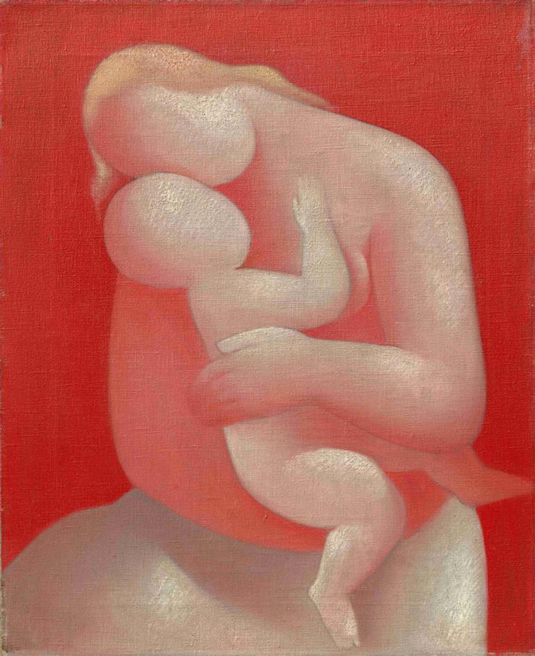 Mother (Pink Madonna),《母親》(粉紅麥當娜),Mikuláš Galanda,MikulášGalanda,插畫,插畫, 獨奏, 1個女孩, 紅色背景, 裸體, 坐著, 金髮, 擁抱, 簽名