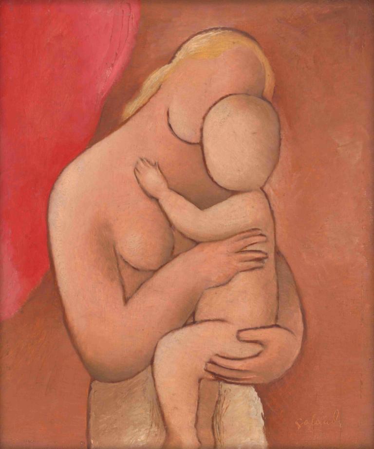 Mother with Child,母親與孩子,Mikuláš Galanda,MikulášGalanda,插畫,插畫, 金髮, 裸體, 1個女孩, 坐著, 1男孩, 傳統媒體, 擁抱, 異性戀, 乳房