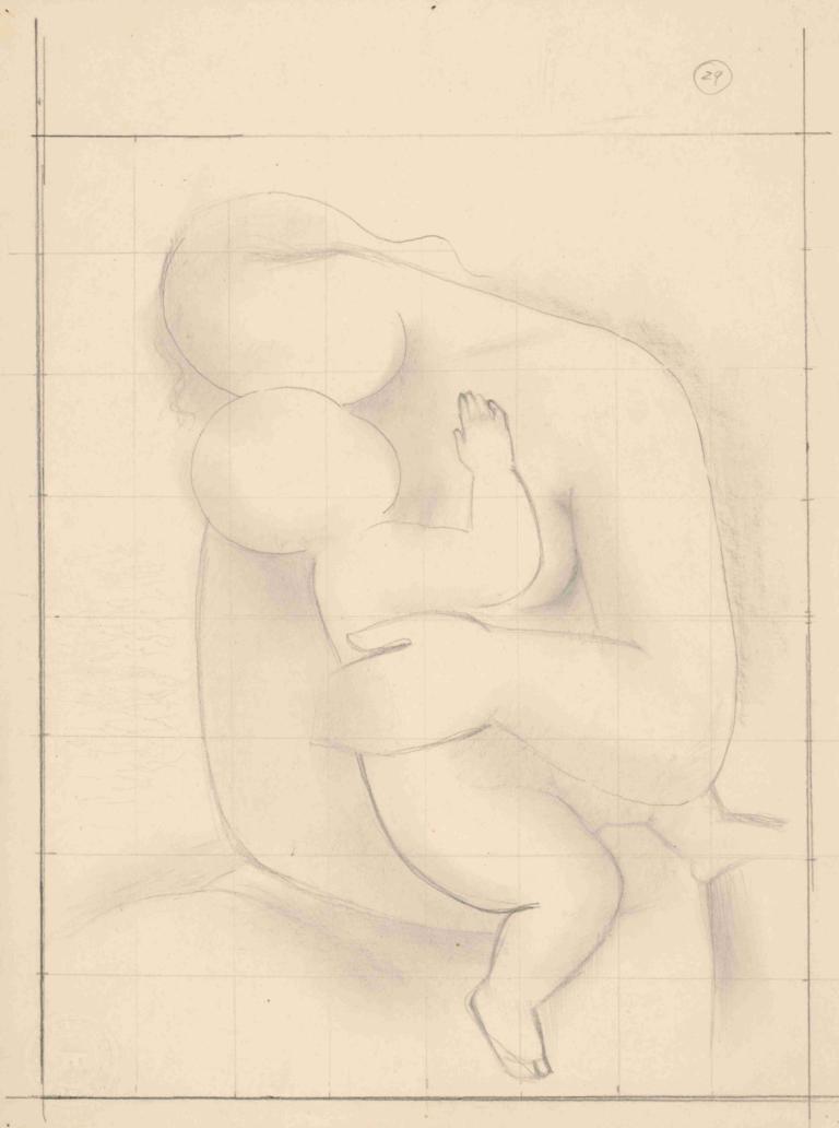 Mother with baby,懷著孩子的母親,Mikuláš Galanda,MikulášGalanda,插畫,插畫, 單色, 1個女孩, 1男孩, 禿, 裸體, 擁抱, 異性戀, 赤腳, 草圖, 磁磚