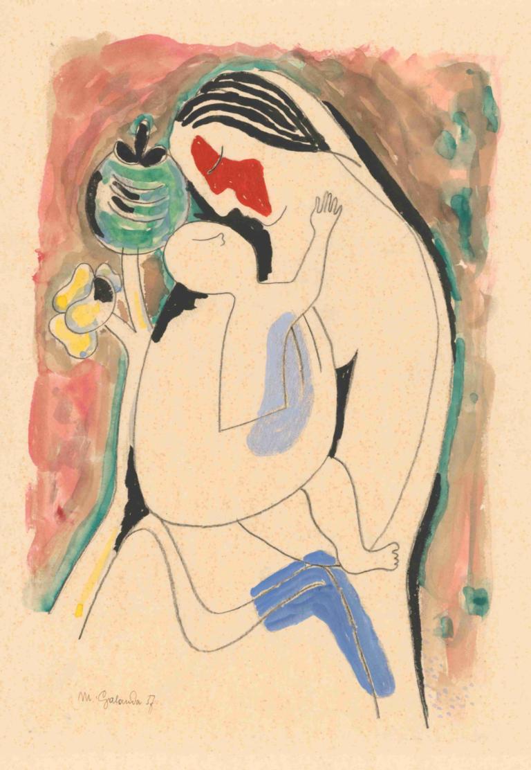 Mother with baby and flower,帶著嬰兒和鮮花的母親,Mikuláš Galanda,MikulášGalanda,插畫,插畫, 閉著眼睛, 黑髮, 1個女孩, 赤腳, 輪廓, 簽名, 傳統媒體