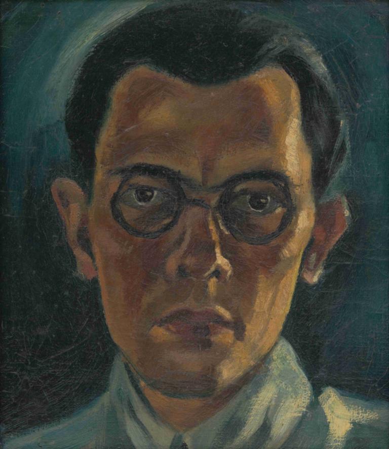 Self-Portrait,自畫像,Mikuláš Galanda,MikulášGalanda,油畫,油畫, 1男孩, 男性焦點, 獨奏, 眼鏡, 黑髮, 肖像, 實際的, 黑眼睛, 傳統媒體, 看著觀眾, 襯衫