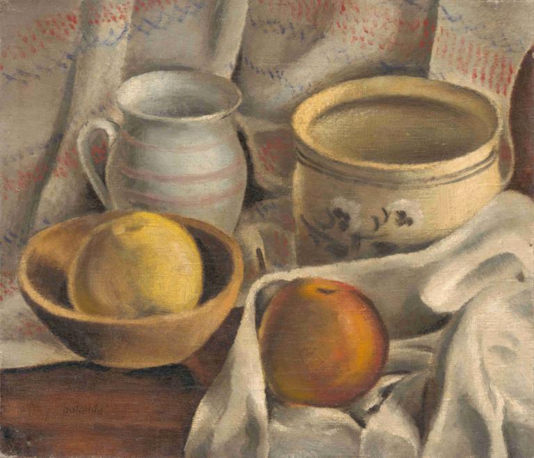 Still Life with Ceramic Pots and Apples,Stilleben med keramiske gryter og epler,Mikuláš Galanda,Oljemaleri