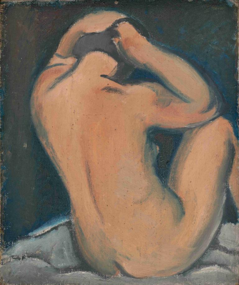 Study of a Nude,Mikuláš Galanda,Illustration,Illustration, solo, nude, ass, black hair, sitting, male focus