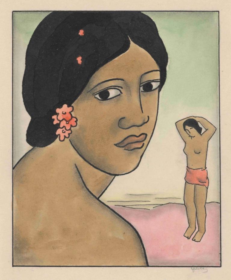 Tahiťanka,Tahiti,Mikuláš Galanda,Mikulas Galanda,Ilustrasi,Ilustrasi, parodi seni rupa, parodi, rambut hitam