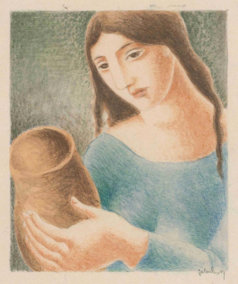 Woman With A Vase,Femeie cu o vază,Mikuláš Galanda,Mikulas Galanda,Ilustrație,Ilustrație, 1 fata, par lung