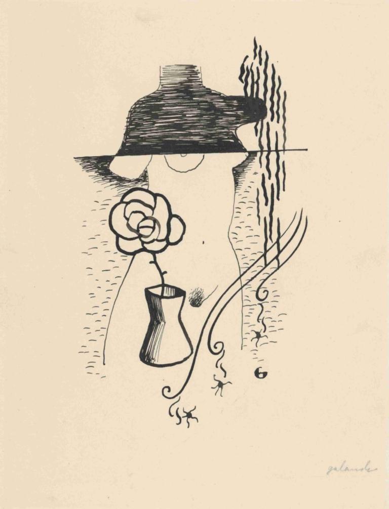 Woman and flower,Kvinde og blomst,Mikuláš Galanda,Illustration,Illustration, blomst, solo, monokrom, 1 pige